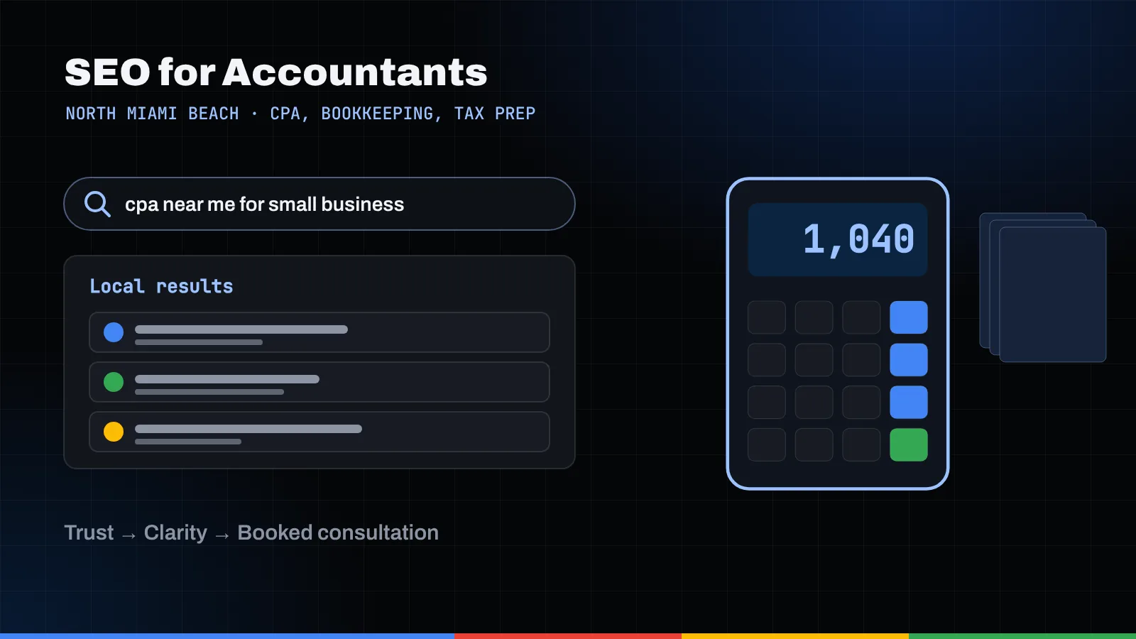 Illustration of a search for a small-business CPA, local results and a calculator beside a stack of tax forms