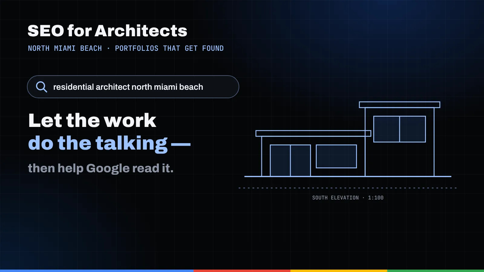 Line-drawing elevation of a modern two-story coastal house beside a search for a residential architect