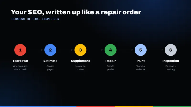 Six-step repair-order framework for an auto body shop's SEO, from teardown to final inspection