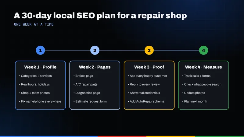 Four-week local SEO plan for a repair shop: profile, pages, proof and measurement