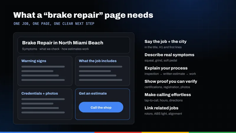 Wireframe of a brake repair service page with warning signs, job details, credentials and an estimate button