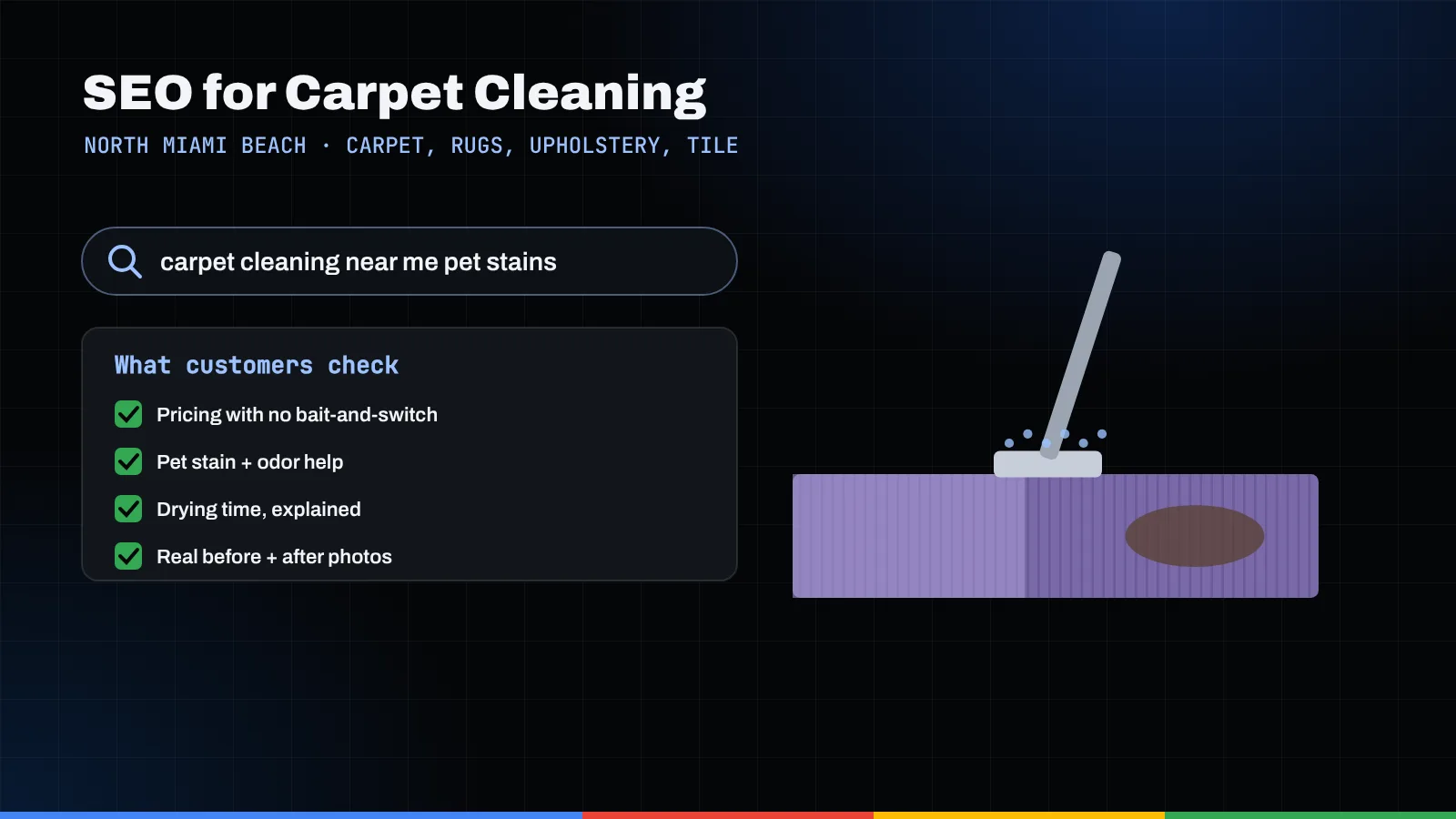 Illustration of a pet stain carpet cleaning search, a customer checklist, and a cleaning wand lifting a stain from carpet