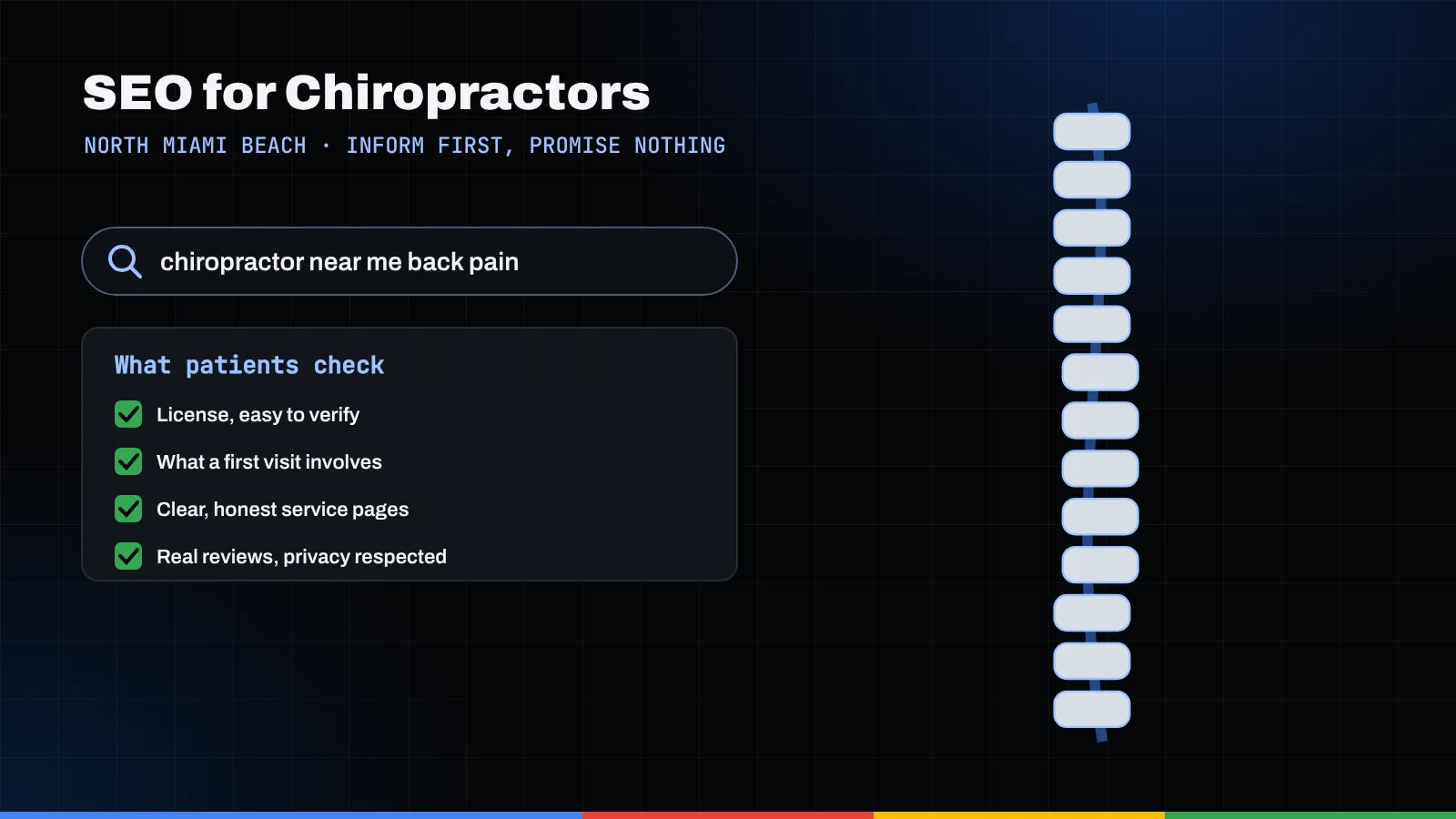 Illustration of a chiropractor search, a patient checklist, and a stylized spine