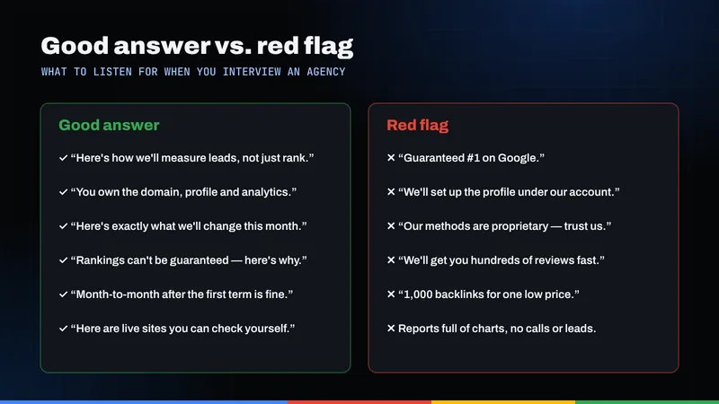 Two-column chart comparing good answers and red-flag answers from an SEO agency