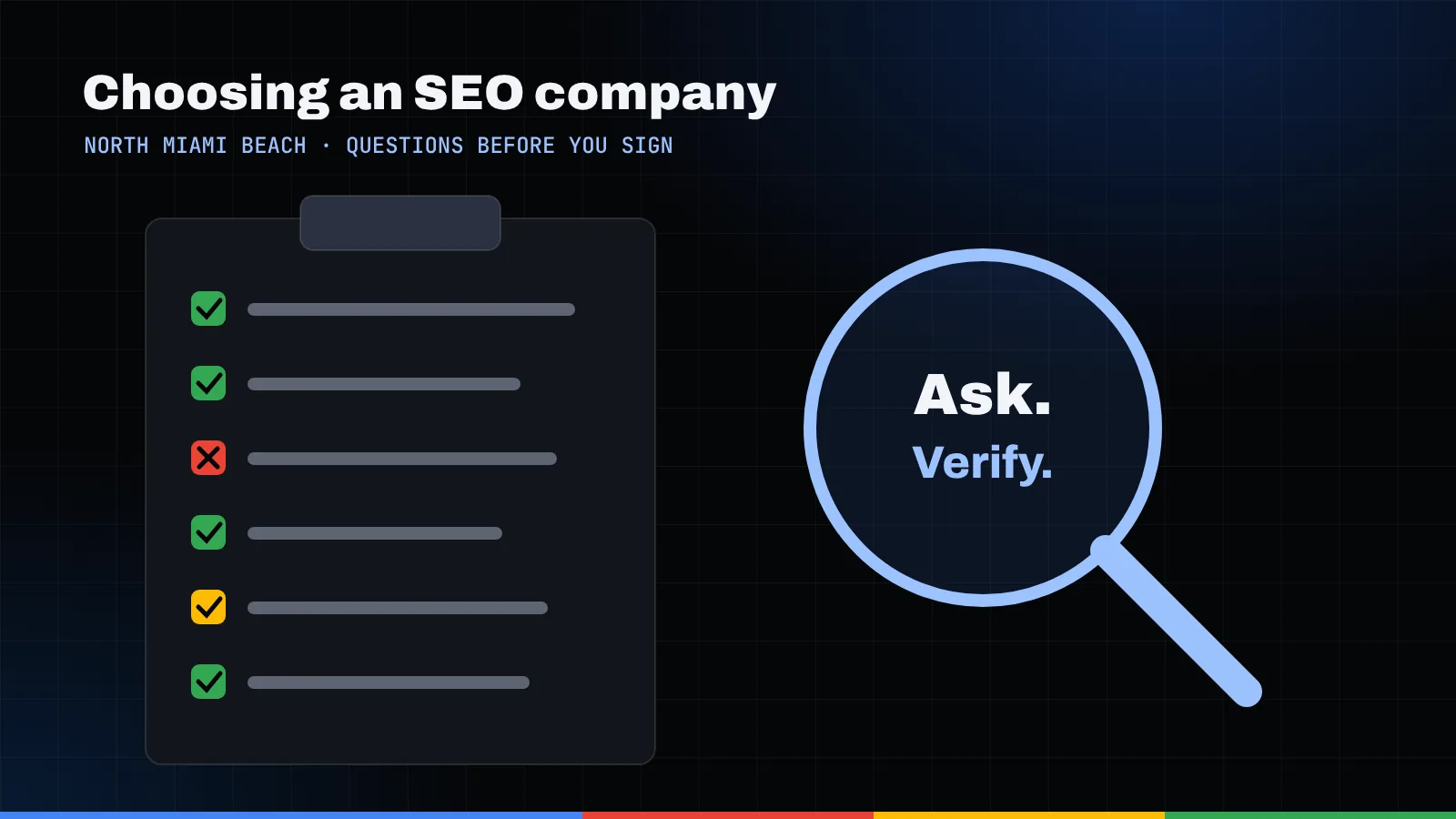 Illustration of a vetting checklist with green checks and a red X beside a magnifying glass reading Ask, Verify