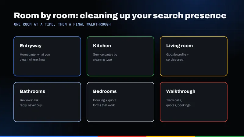 Room-by-room grid mapping a cleaning company's SEO: entryway, kitchen, living room, bathrooms, bedrooms and final walkthrough