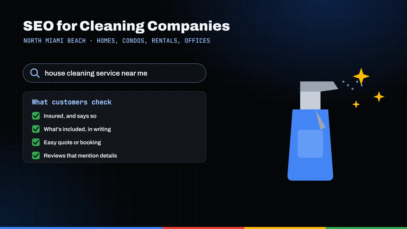 Illustration of a house cleaning search, a customer checklist, and a blue spray bottle with sparkles
