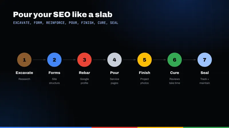 Seven-step concrete pour framework for SEO: excavate, forms, rebar, pour, finish, cure and seal