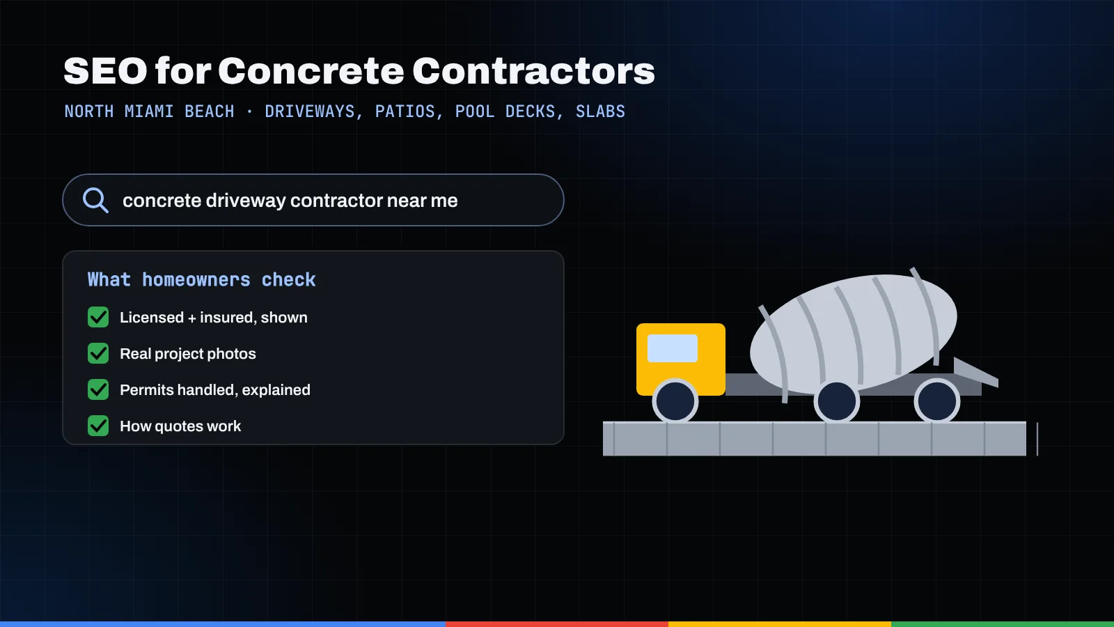 Illustration of a concrete driveway contractor search, a homeowner checklist, and a concrete mixer truck on a fresh slab