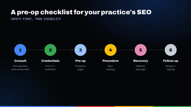 Six-step pre-op checklist for a cosmetic surgery practice's SEO, from consultation to follow-up