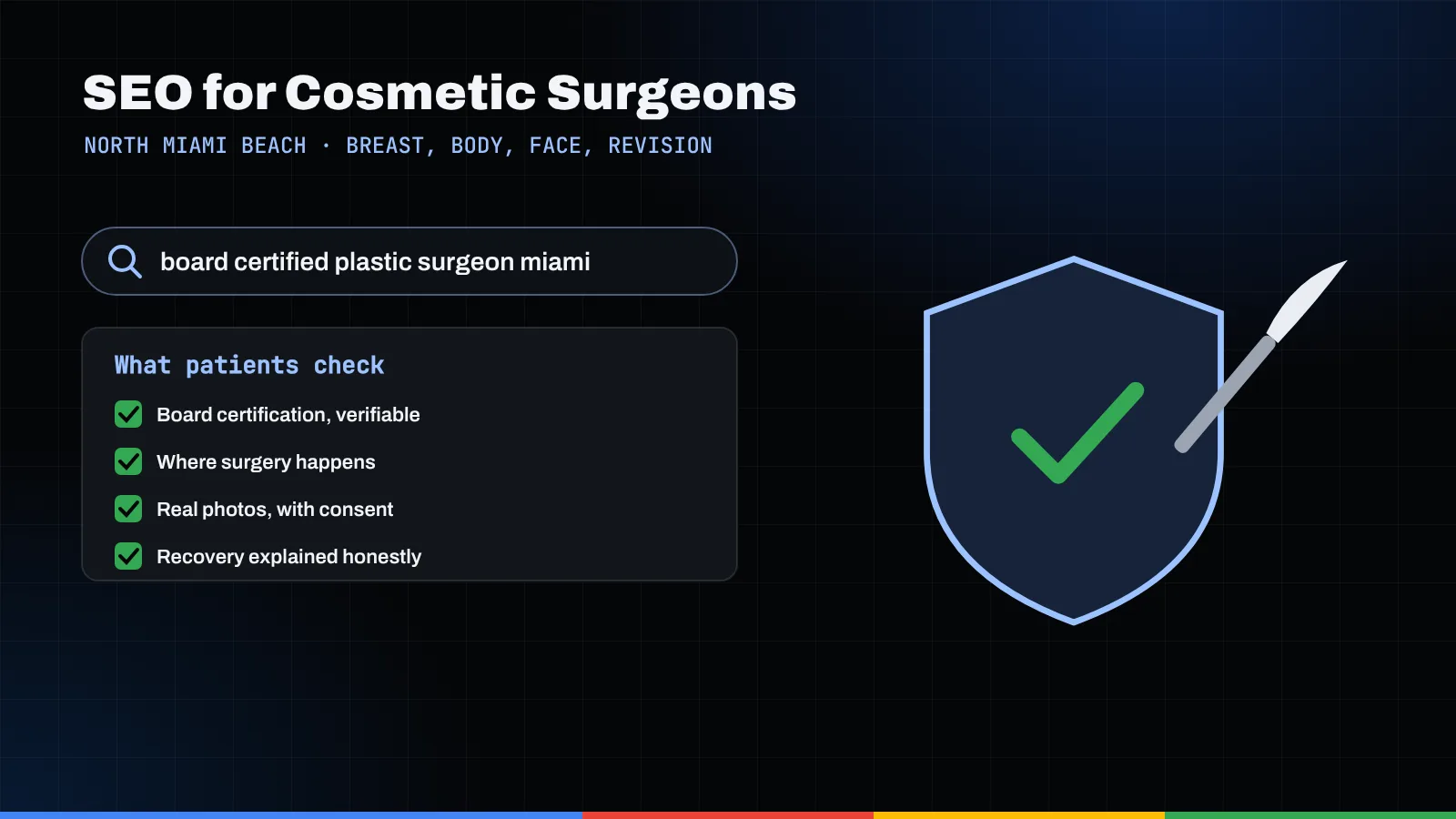 Illustration of a board certified plastic surgeon search, a patient checklist, and a shield with a check mark beside a scalpel