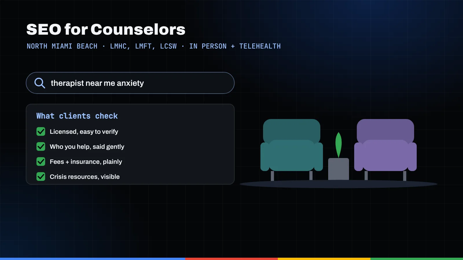 Illustration of a therapist search, a client checklist, and two armchairs with a small plant between them