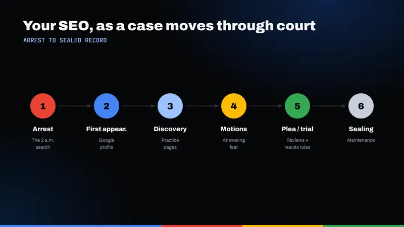 Six-step framework mapping a criminal case, from arrest to record sealing, onto a defense firm's SEO