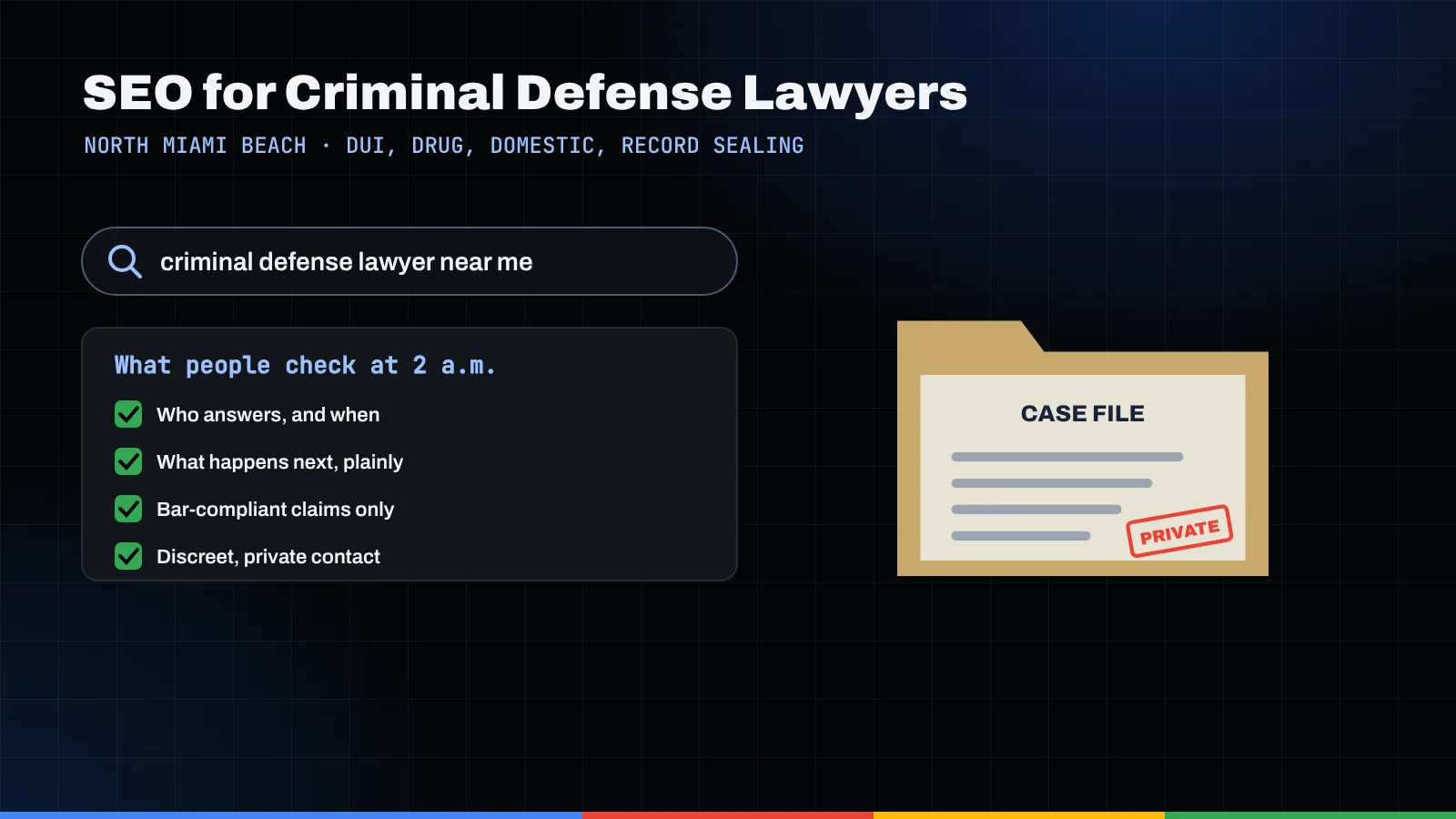 Illustration of a criminal defense lawyer search, a checklist of what people look for at 2 a.m., and a case file stamped private