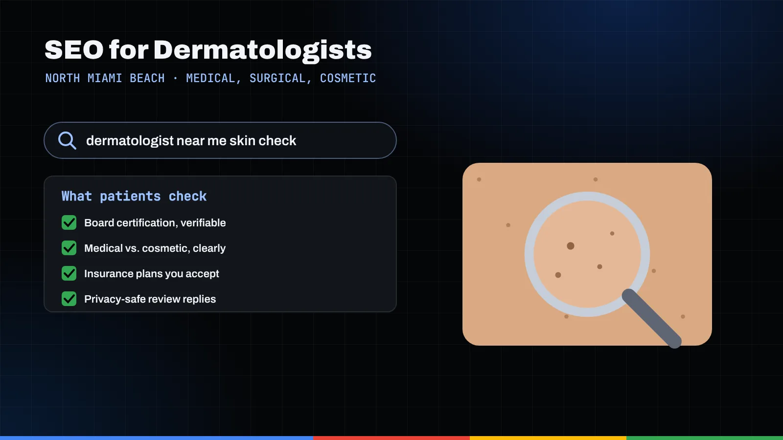 Illustration of a dermatologist search, a patient checklist, and a magnifying lens over skin