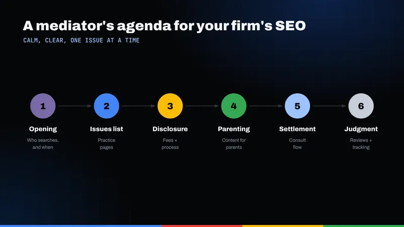 Six-step mediator's agenda for a family law firm's SEO, from opening to final judgment