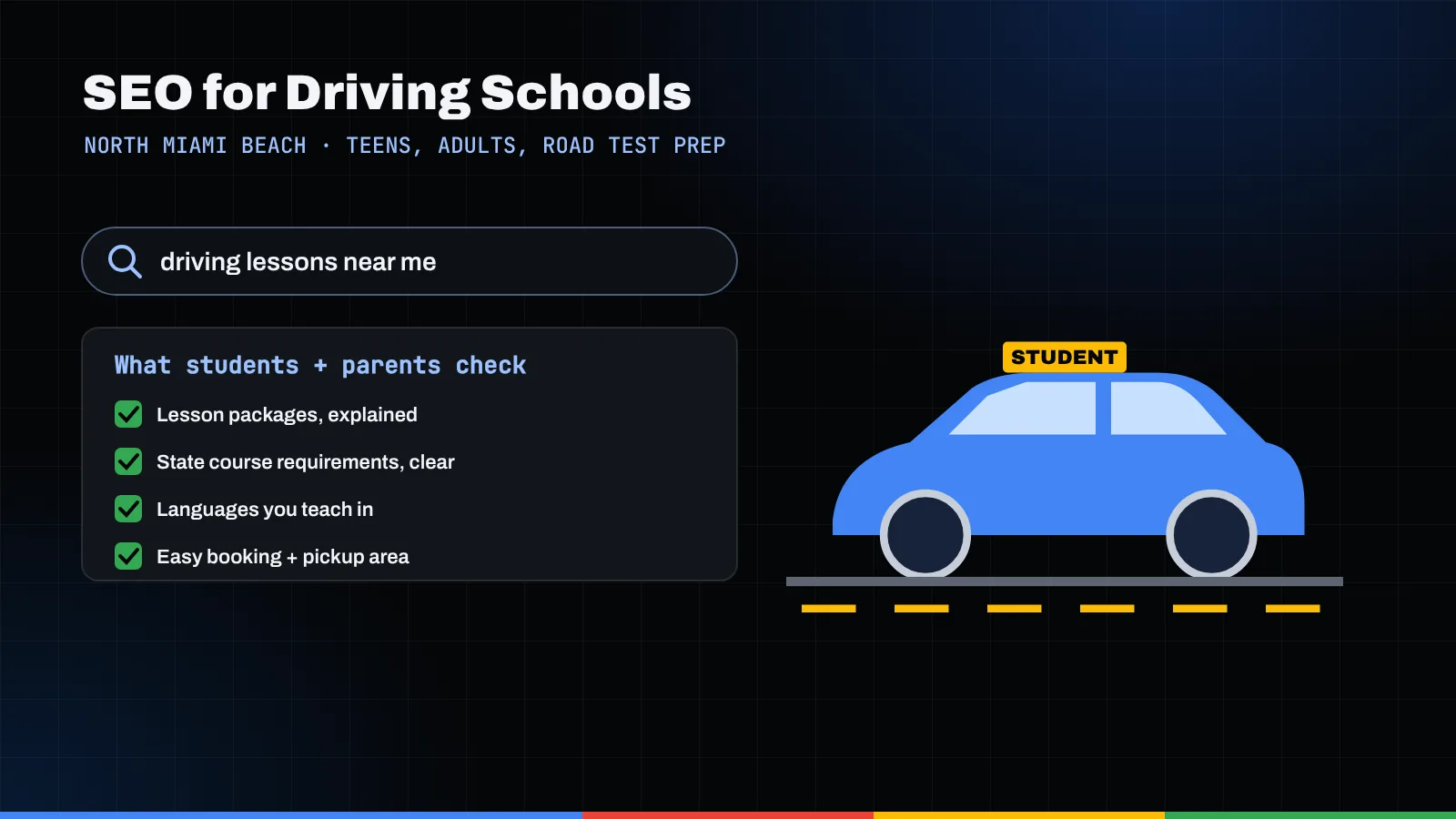 Illustration of a driving lessons search, a student and parent checklist, and a blue car with a student driver sign