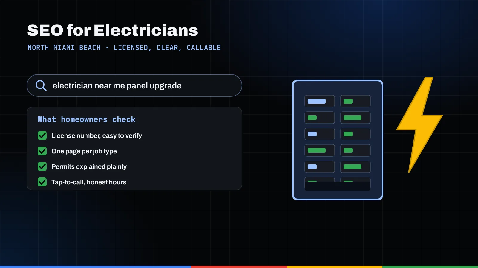 Illustration of a search for an electrician for a panel upgrade, a homeowner checklist, an electrical panel and a lightning bolt