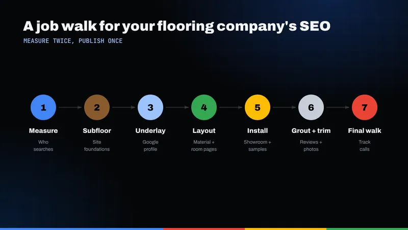 Seven-step job walk for a flooring company's SEO: measure, subfloor, underlayment, layout, install, grout and trim, final walk