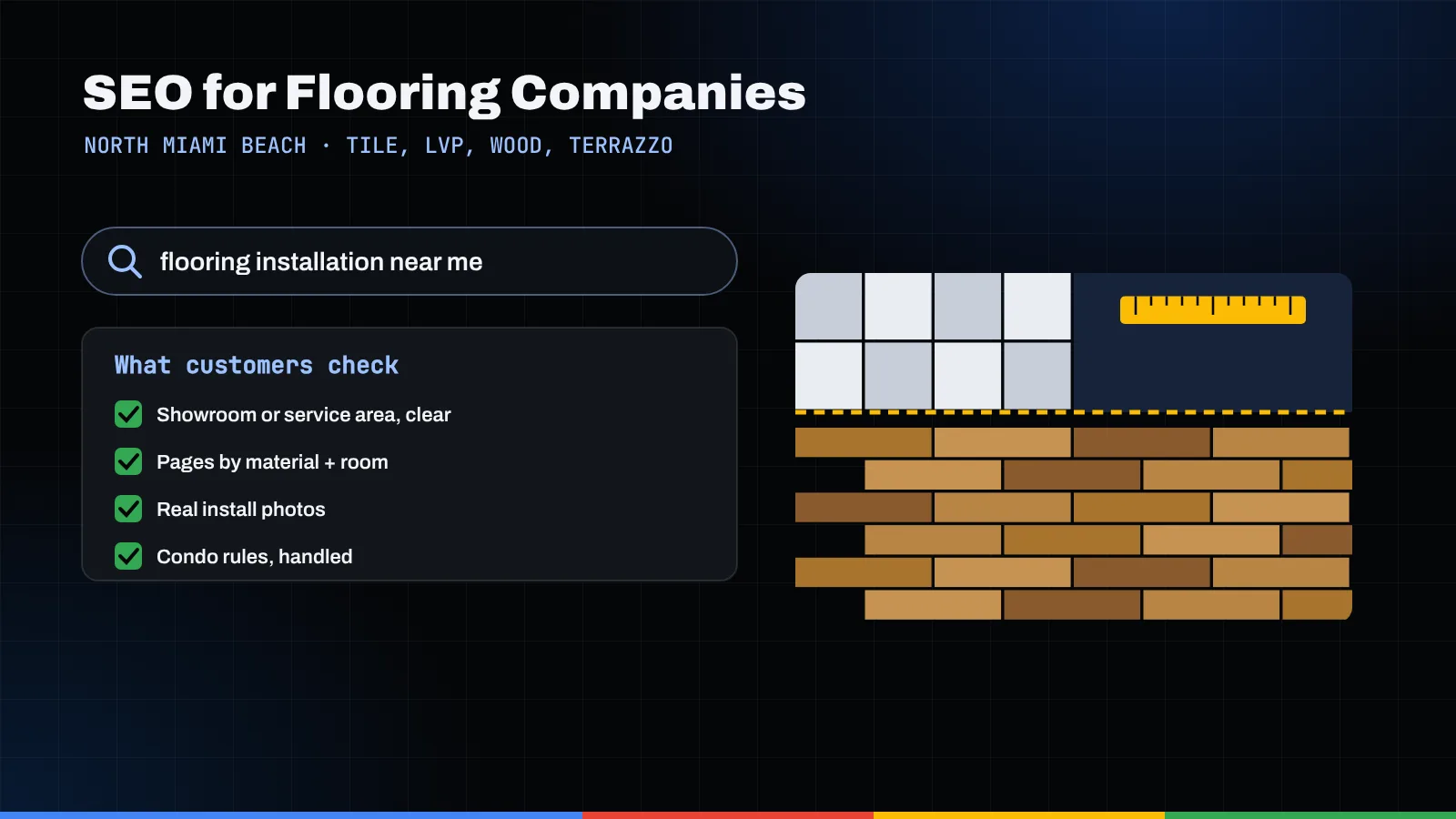 Illustration of a flooring installation search, a customer checklist, and wood planks meeting tile with a tape measure