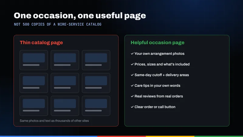 Comparison of a thin wire-service catalog page and a helpful occasion page with original photos, prices, cutoffs and reviews