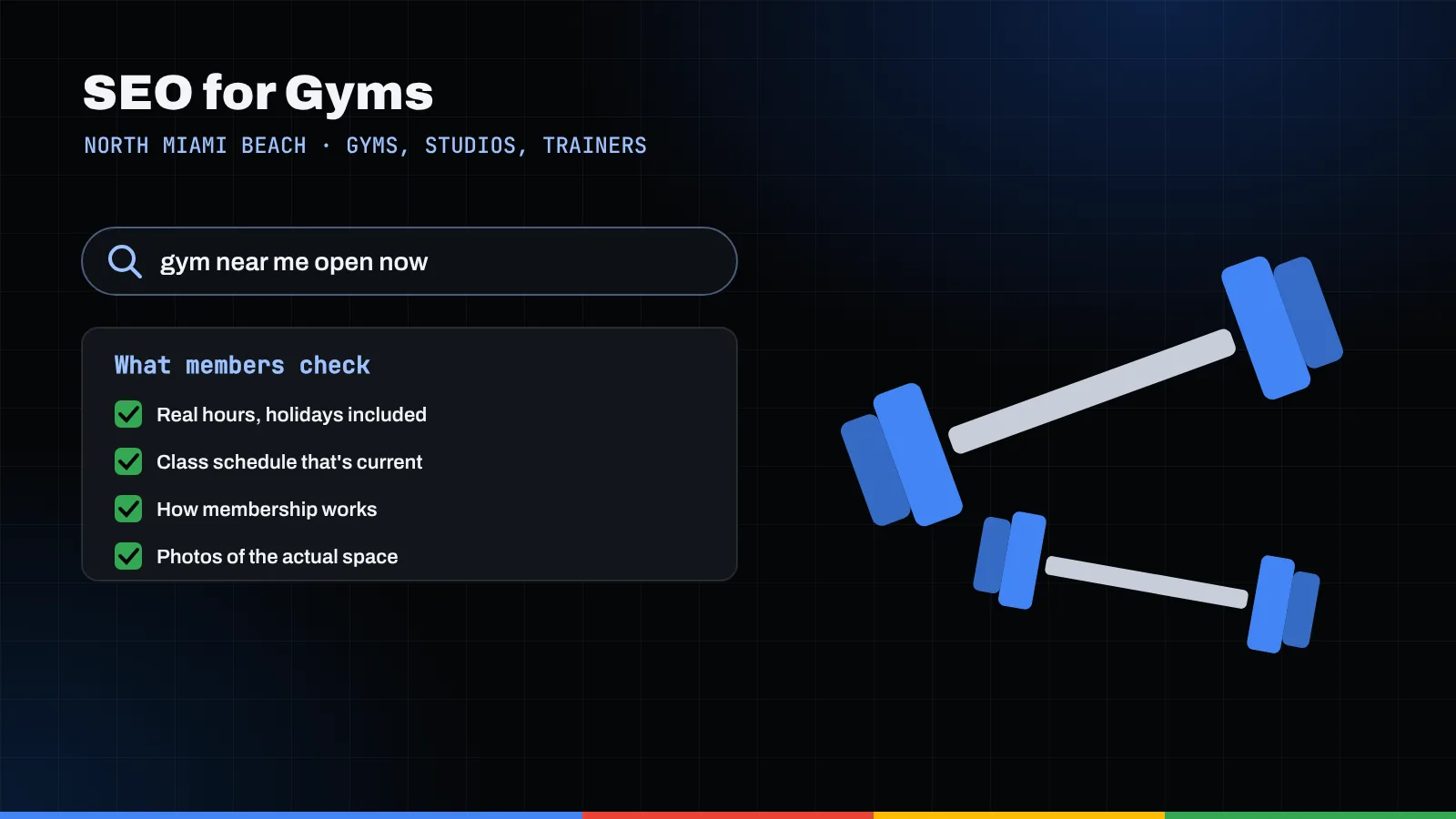 Illustration of a search for a gym open now, a member checklist, and two dumbbells