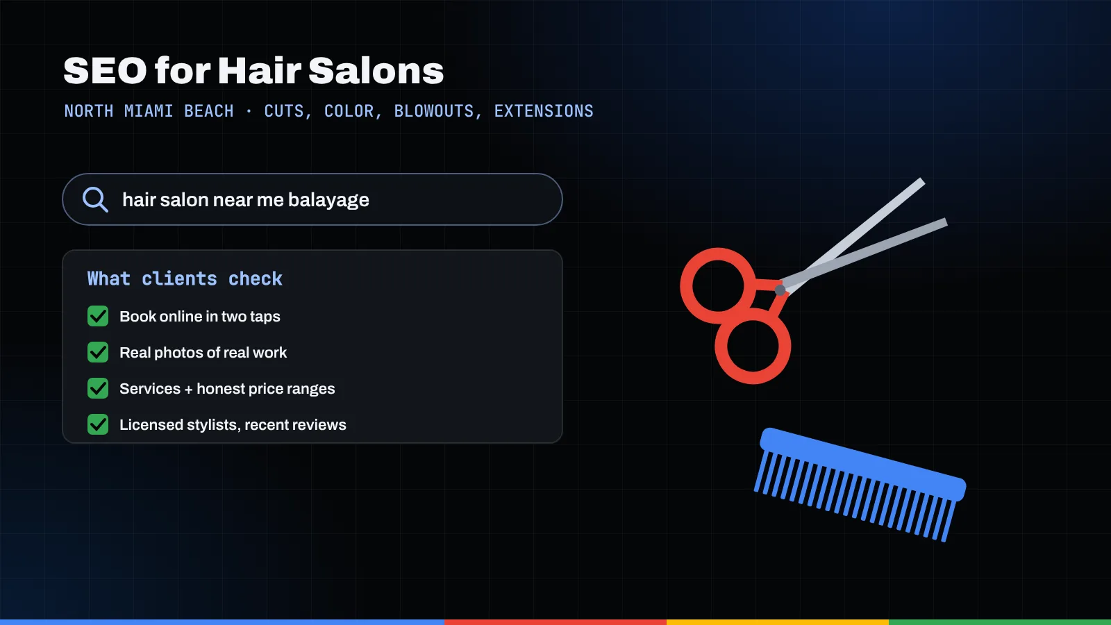 Illustration of a balayage salon search, a client checklist, and a pair of red-handled scissors with a blue comb