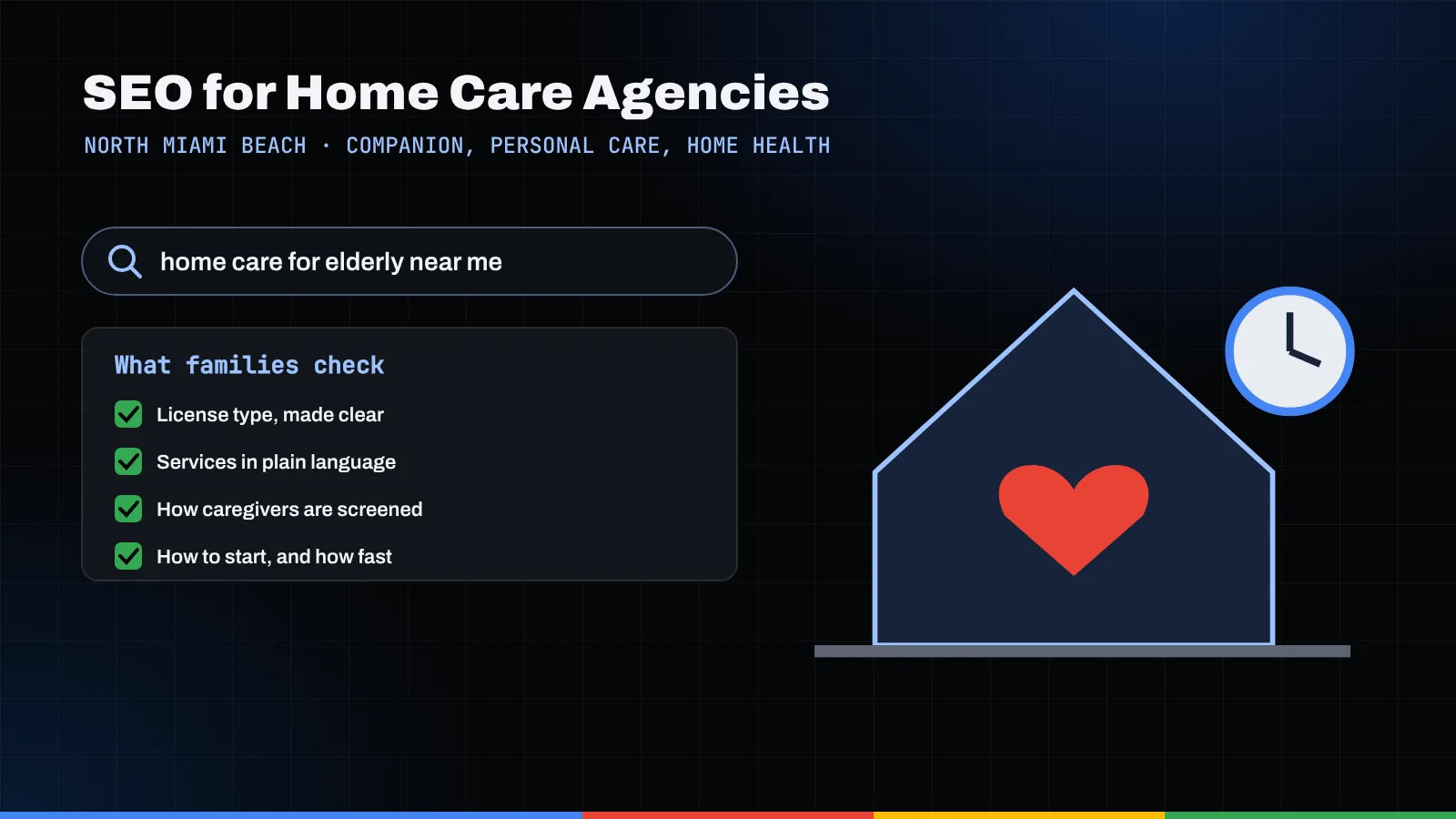 Illustration of a home care search, a family checklist, and a house with a heart beside a clock