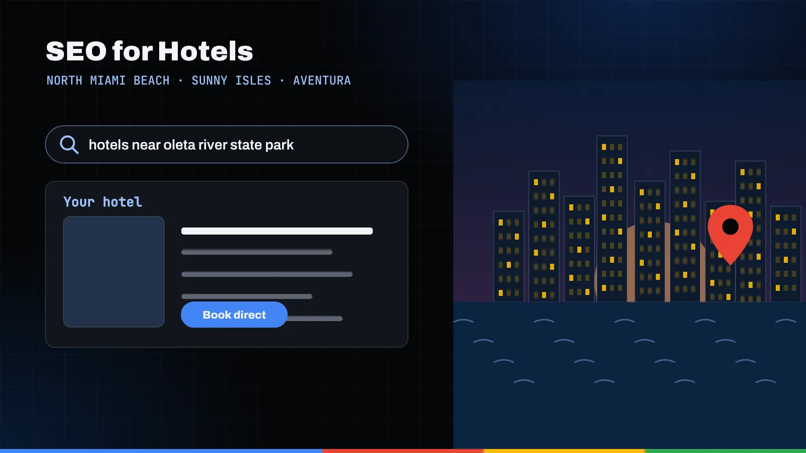 Illustration of a hotel search result with a book-direct button beside a waterfront skyline at dusk