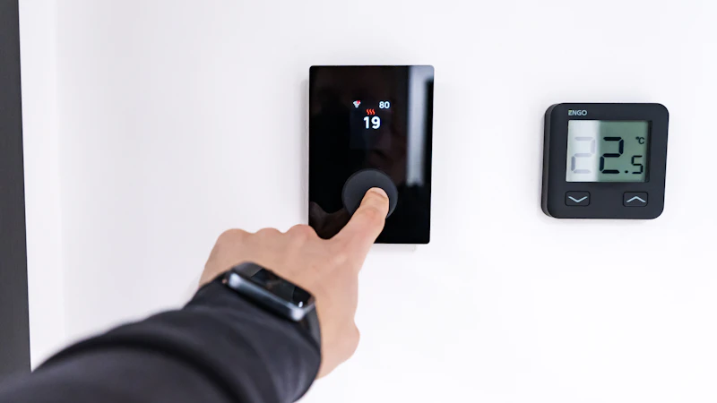 A finger adjusting a digital thermostat mounted on a white wall