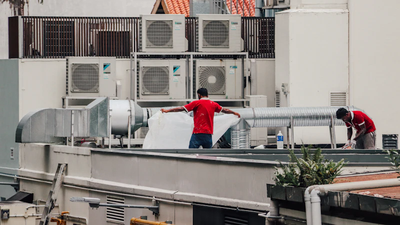 Two technicians working among rooftop air conditioning units