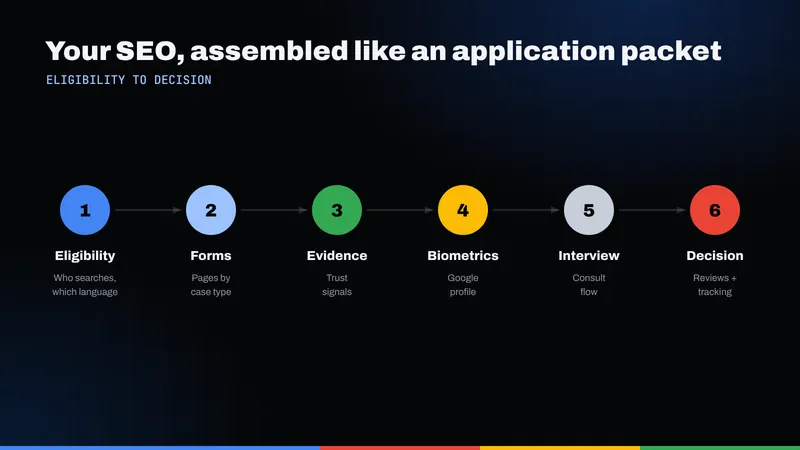 Six-step application-packet framework for an immigration firm's SEO, from eligibility to decision