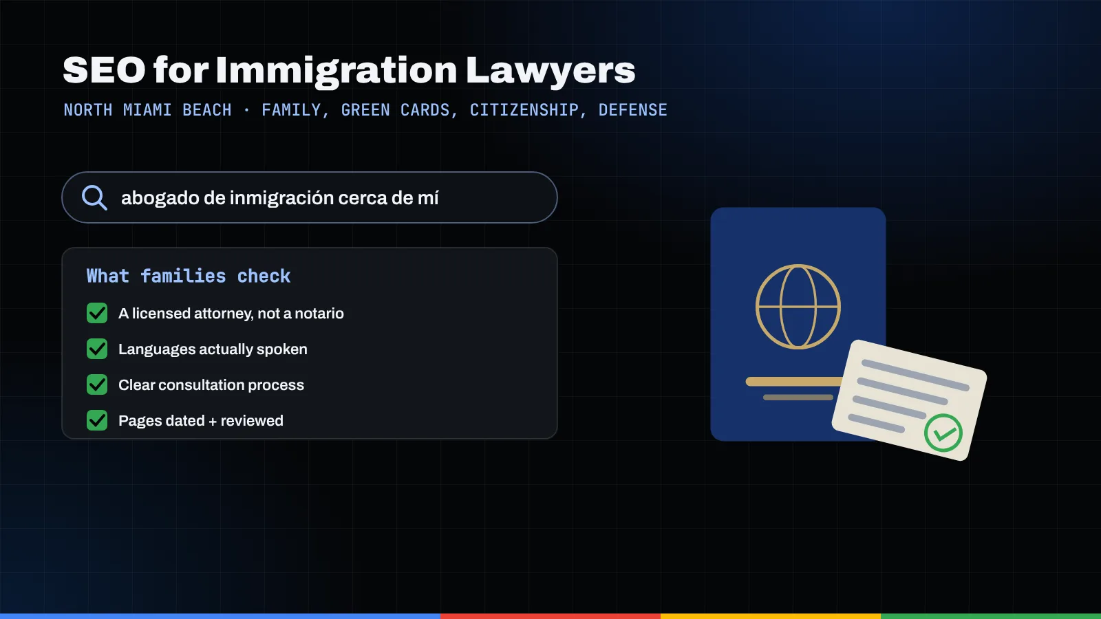 Illustration of a Spanish-language immigration lawyer search, a family checklist, and a passport with an approved document