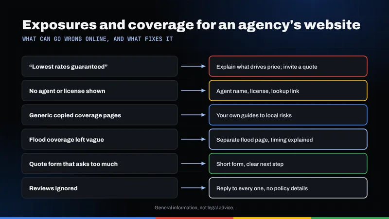Chart pairing six online exposures for an insurance agency's website with fixes