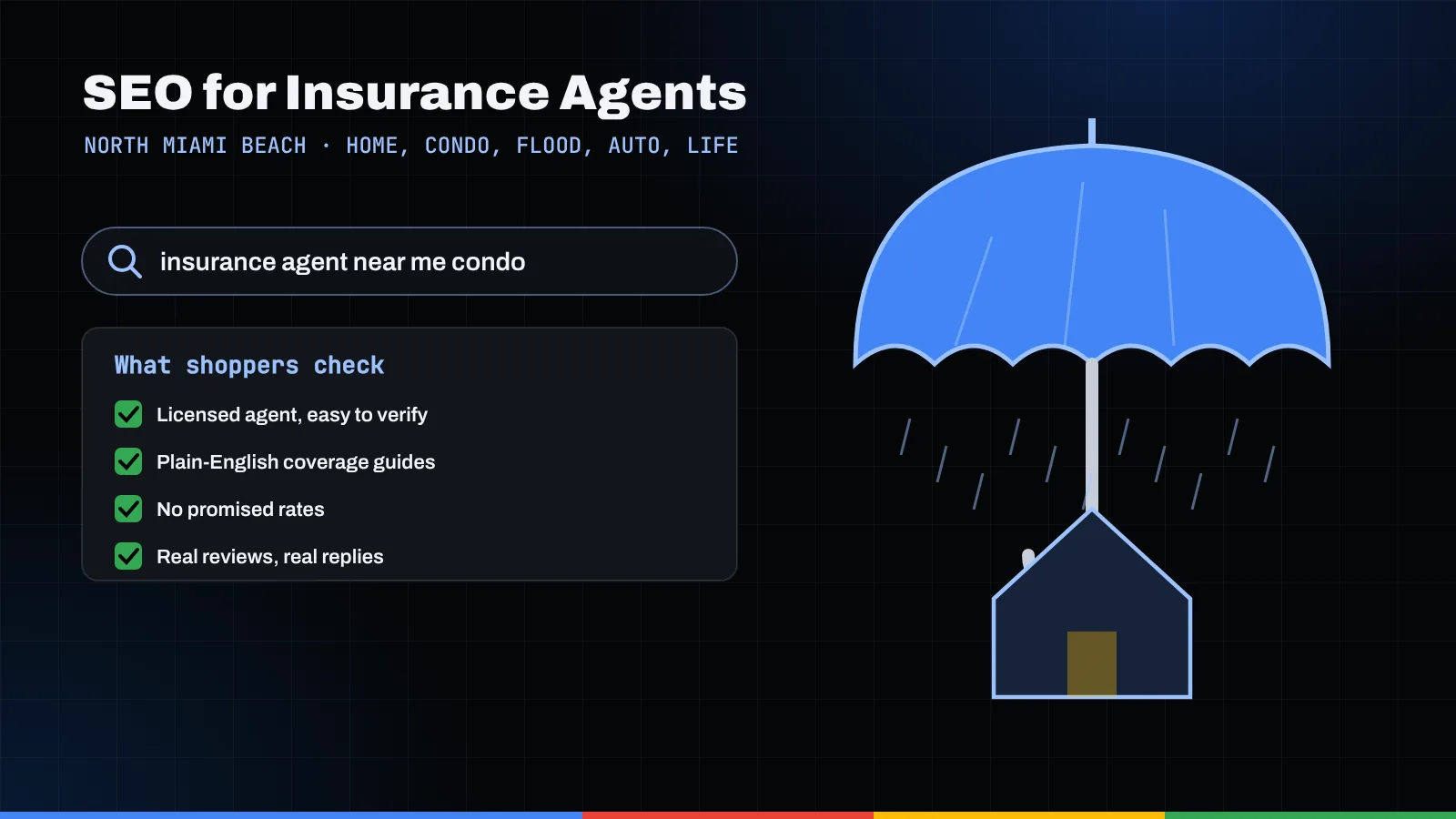 Illustration of a search for a condo insurance agent, a shopper checklist, and an umbrella over a house in the rain
