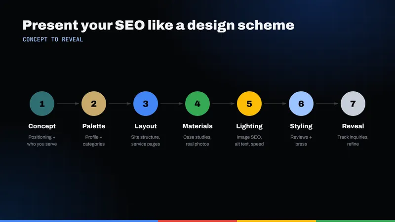 Seven-step design-scheme framework for SEO: concept, palette, layout, materials, lighting, styling and reveal