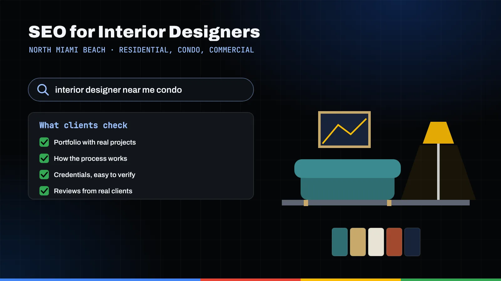 Illustration of an interior designer search, a client checklist, a teal sofa, floor lamp, framed art and color swatches