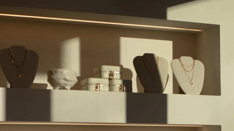 Necklaces and jewelry boxes arranged on softly lit display shelves