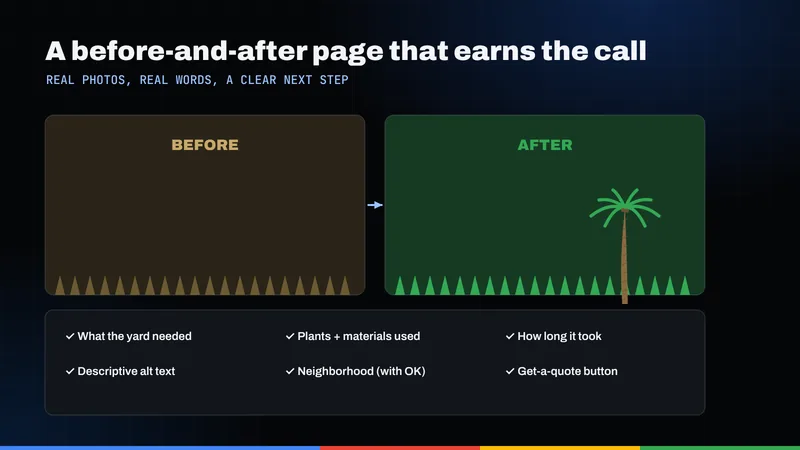 Before-and-after landscaping project page layout with a checklist of details and a quote button
