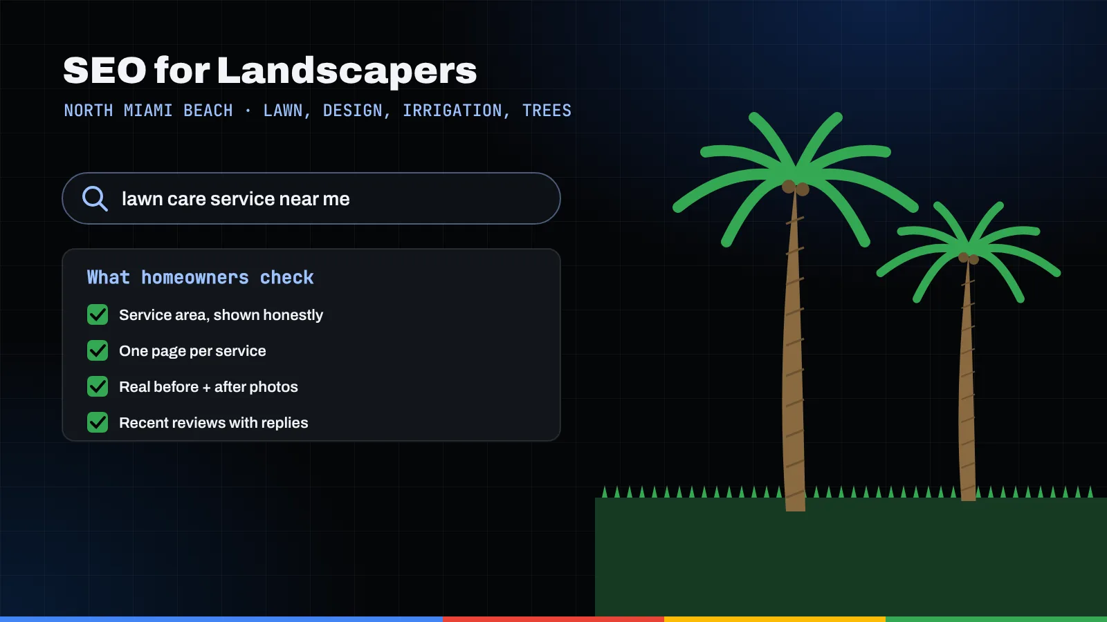 Illustration of a lawn care search, a homeowner checklist, and palm trees over a mowed lawn