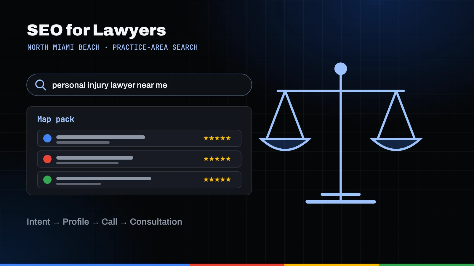 Illustration of a search for a personal injury lawyer, a map pack with three firms, and the scales of justice