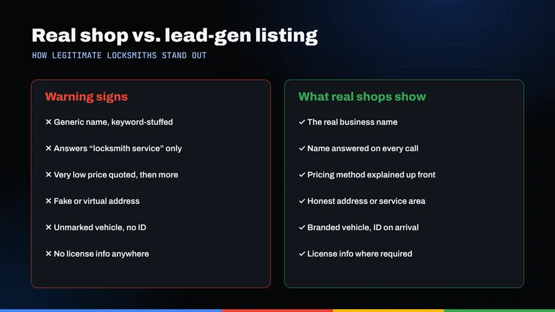 Comparison of locksmith lead-generation warning signs and what legitimate local shops show