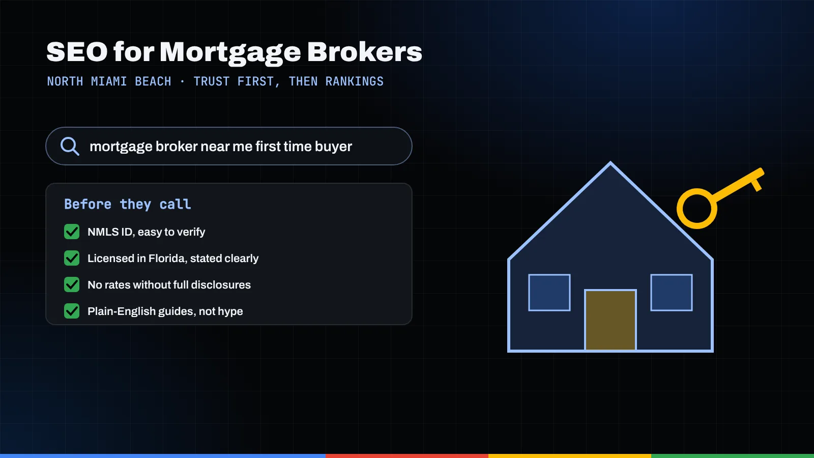 Illustration of a first-time buyer mortgage search, a trust checklist with NMLS ID and licensing, and a house with a key