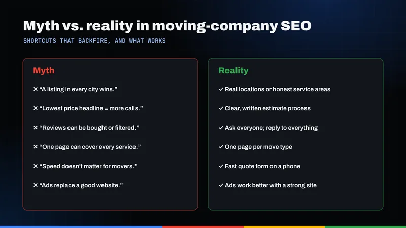 Myth versus reality comparison of moving-company SEO shortcuts and the practices that work
