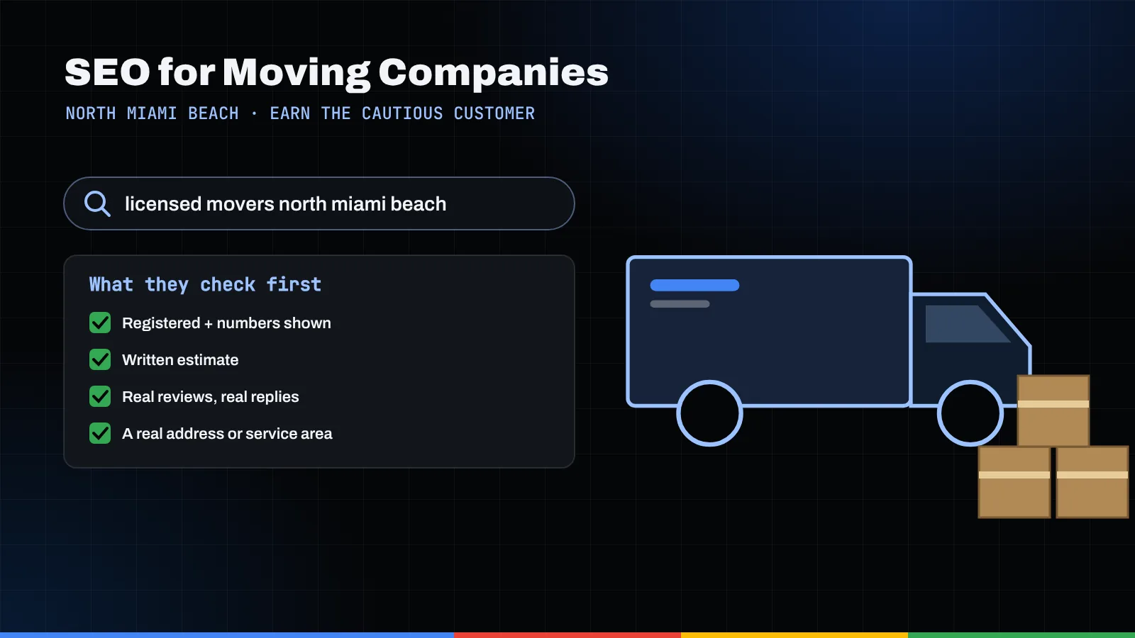 Illustration of a search for licensed movers, a trust checklist, and a moving truck with boxes