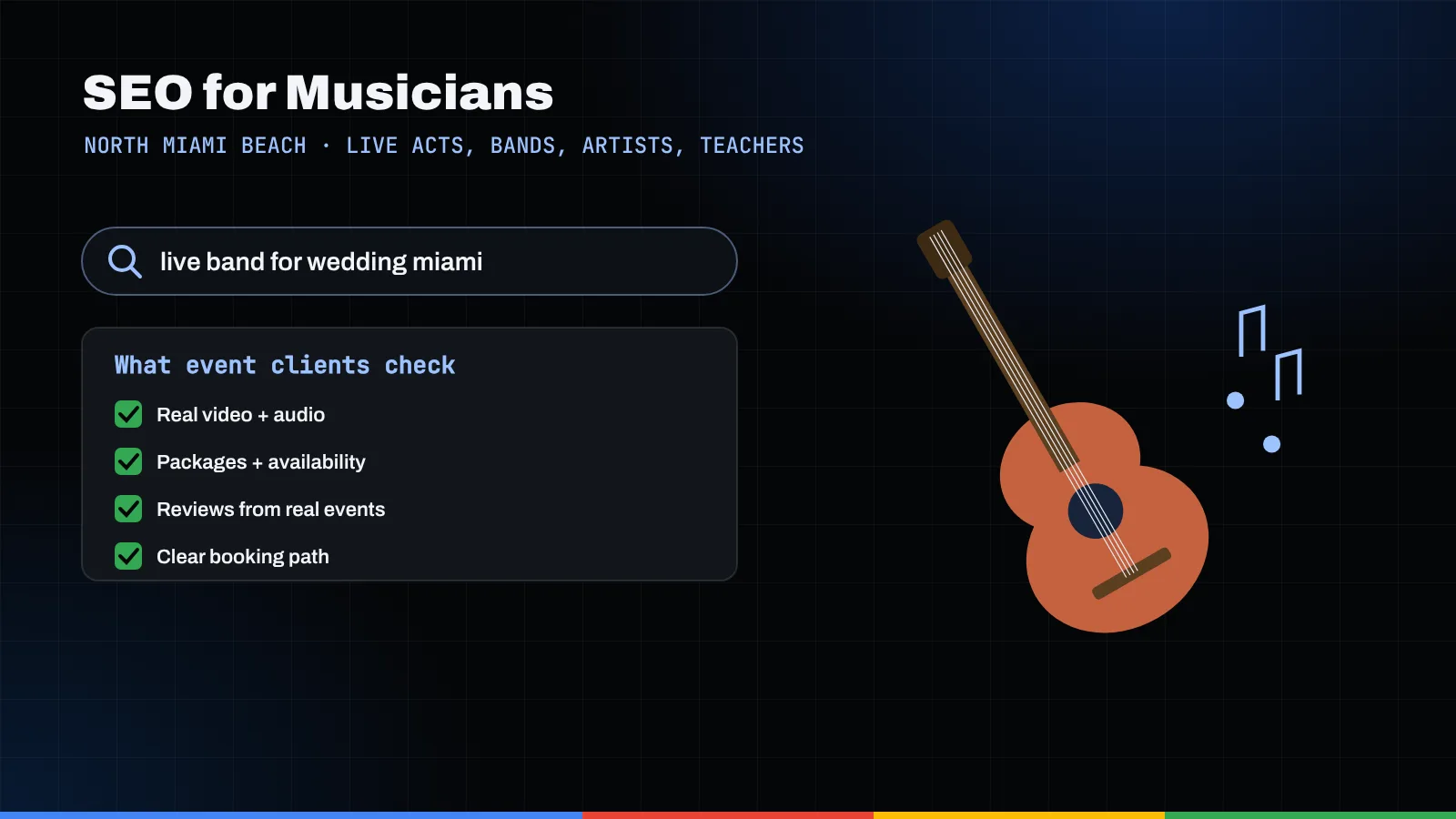 Illustration of a wedding live band search, an event client checklist, and an acoustic guitar with music notes