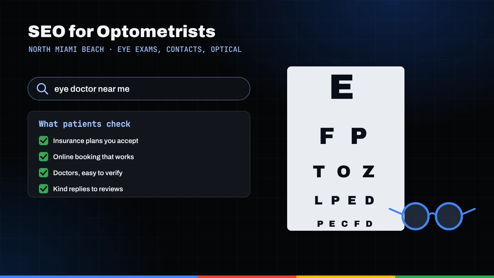Illustration of an eye doctor search, a patient checklist, an eye chart and a pair of glasses