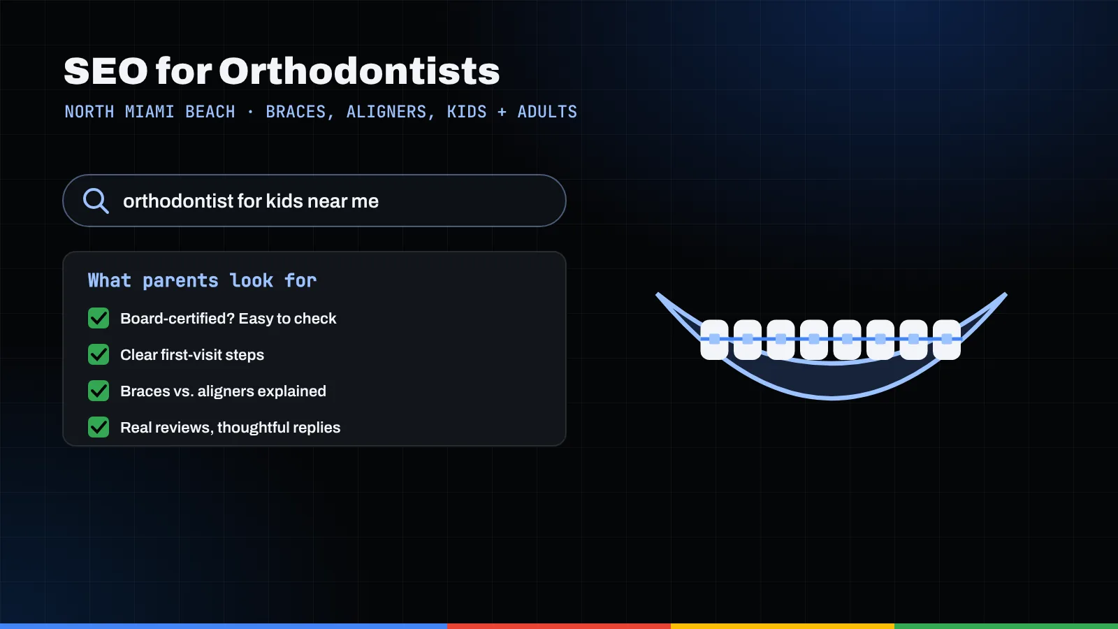 Illustration of a search for an orthodontist for kids, a parent's checklist, and a smile with braces
