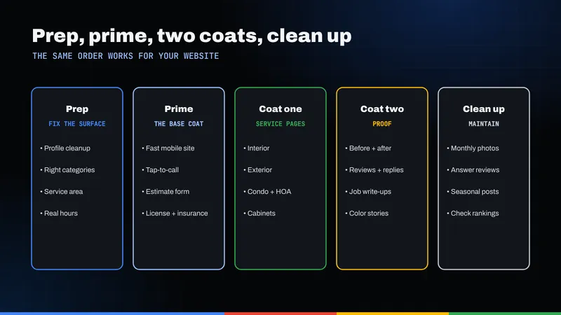 Five-step paint-job framework for a painter's website: prep, prime, coat one, coat two and clean up