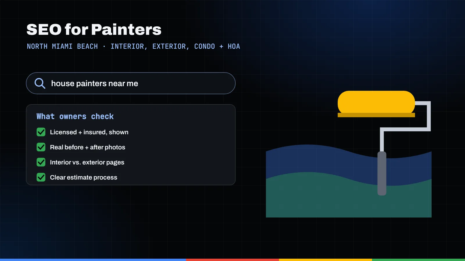 Illustration of a house painters search, an owner checklist, and a yellow paint roller over fresh paint